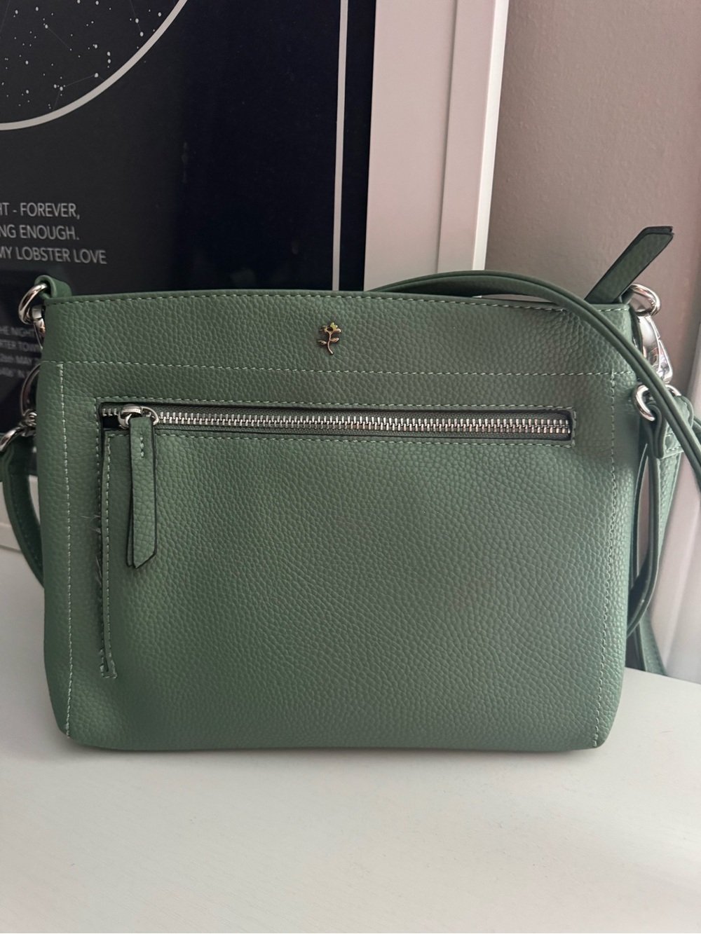 Small Pebbled Crossbody Bag in Sage Green with Front Zip